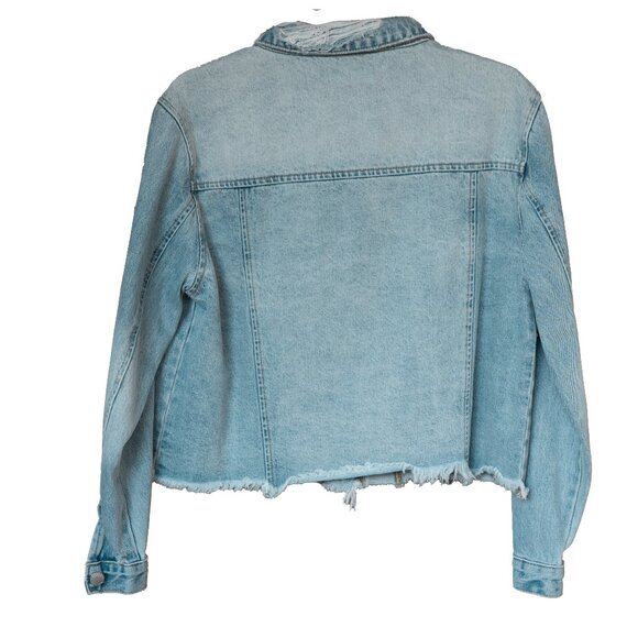 Rollas Denim Jacket Cropped Distressed Fray Hem Boxy Fit Destroyed Jean Coat - Picture 2 of 10